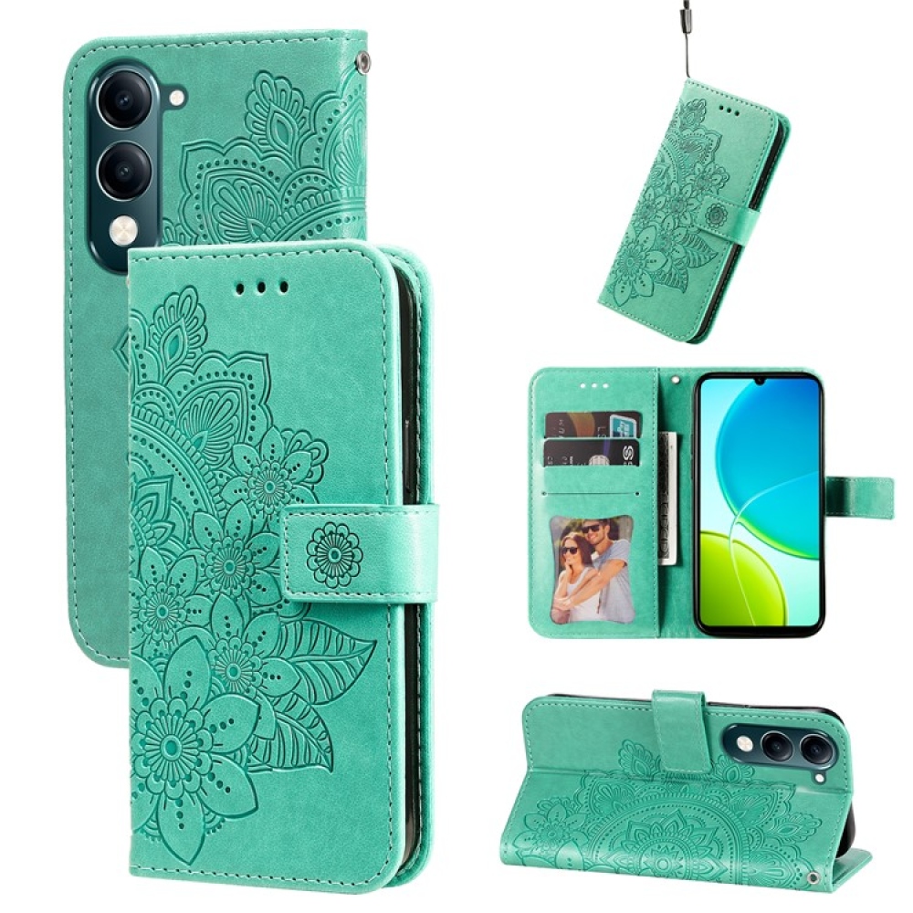 Virágos könyvtáska a Vivo Y29s 5G-hez - teal színű