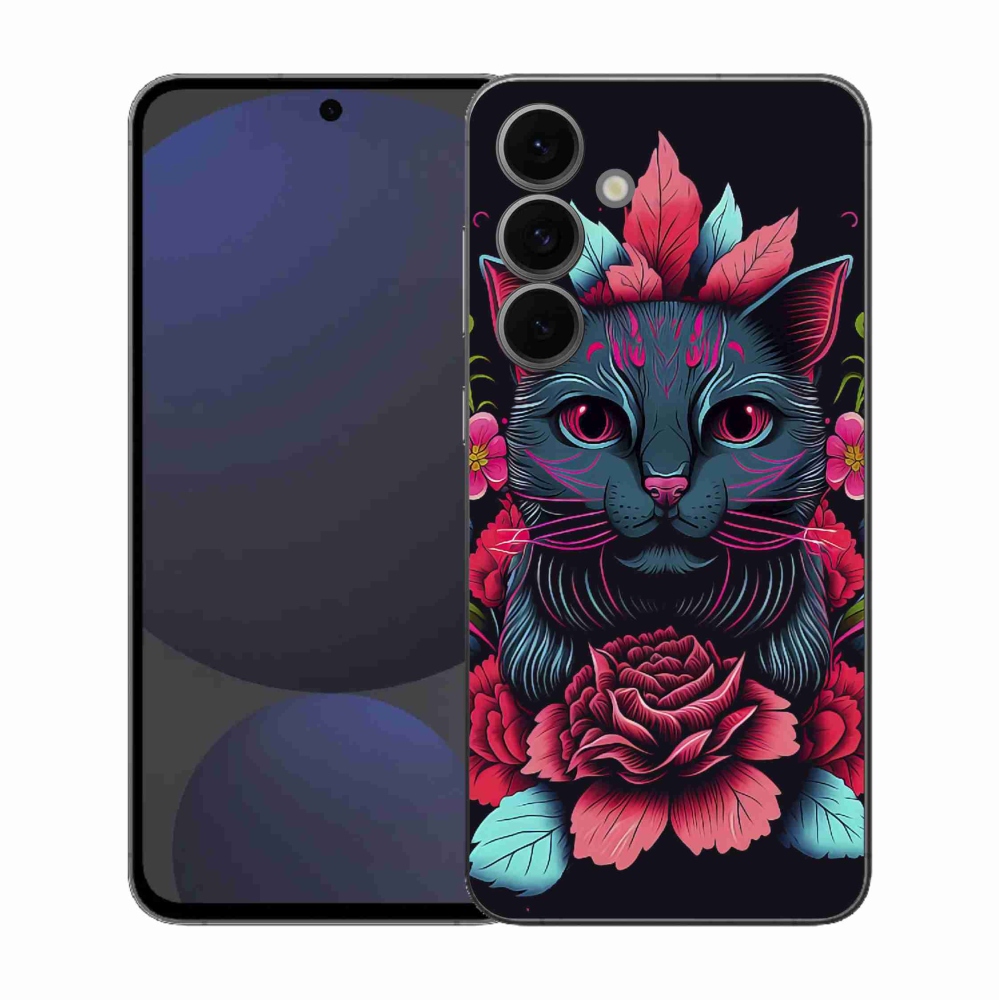 Gél borítás mmCase Samsung Galaxy S25 FE - virágok és macska