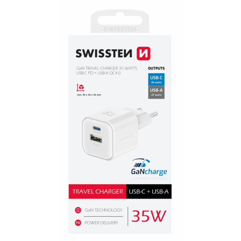 Swissten GaN töltő 1x USB-C 35W PD + 1x USB-A 27W QC - fehér