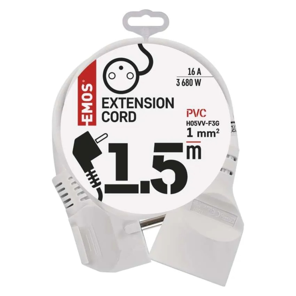 Hosszabbító kábel 1,5 m / 1 csatlakozó / fehér / PVC / 1 mm2