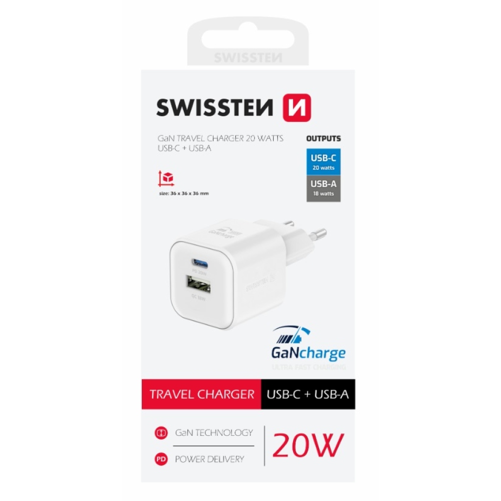 Swissten GaN töltő 1x USB-C 20W PD + 1x USB-A 18W QC - fehér