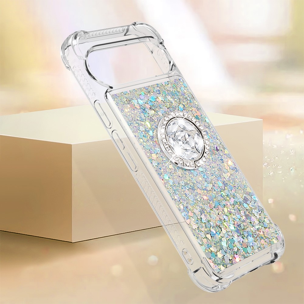 Glitt homokóra zselés tok ujjgyűrűvel a Google Pixel 10 számára - ezüst/szív