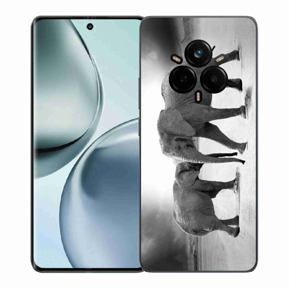 Gél borítás mmCase a Realme 14 Pro+ 5G készülékhez - fekete és fehér elefántok