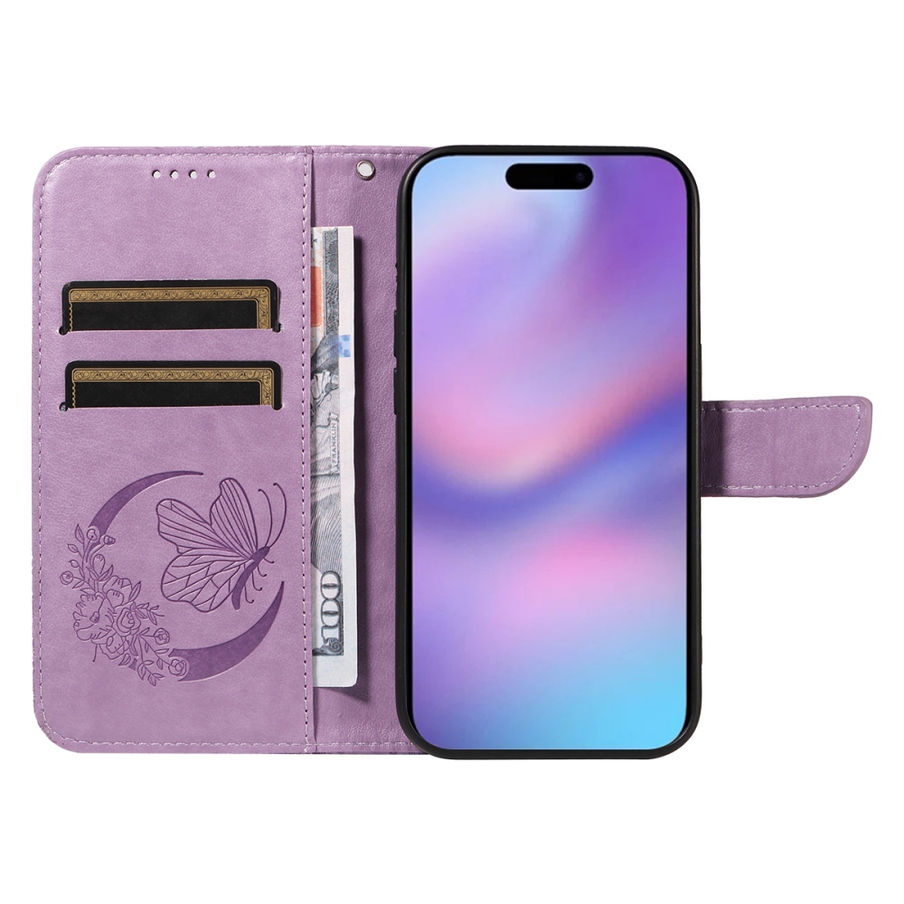 Virágos pillangó könyvtáska iPhone 17 készülékhez - világos lila