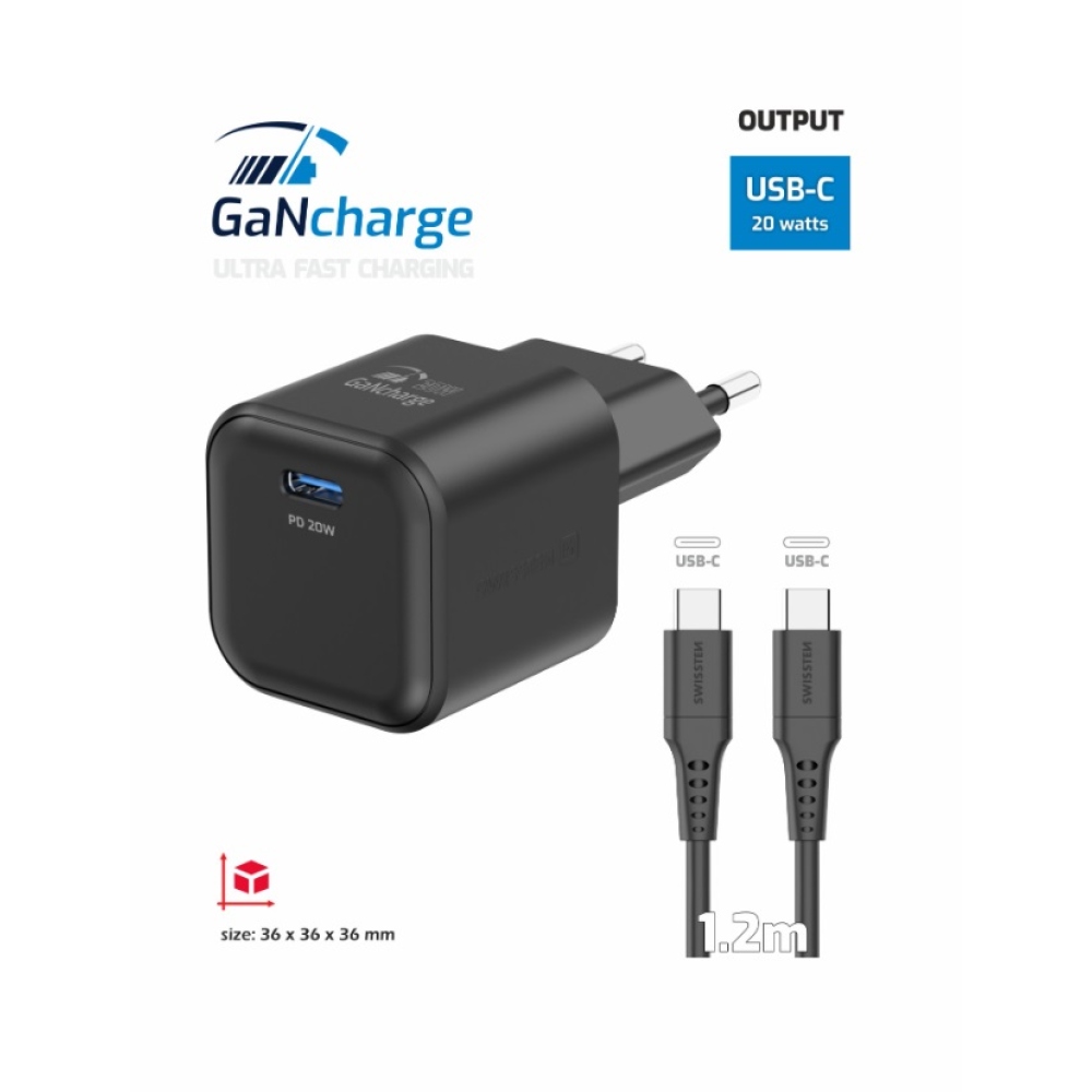 Swissten GaN 1x USB-C 20W Power Delivery + USB-C/USB-C 1,2m kábel - fekete