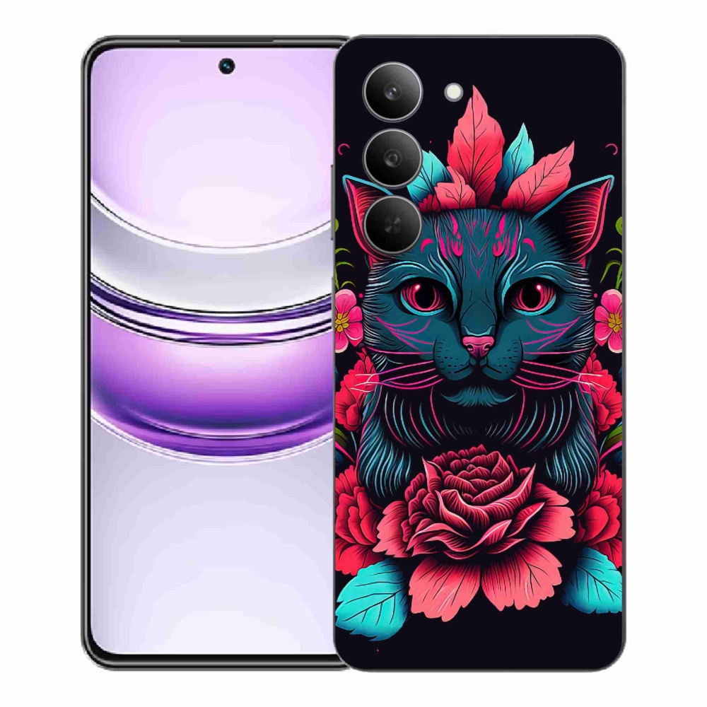 Gél borító mmCase a Realme 14x 5G készülékhez - virágok és macska