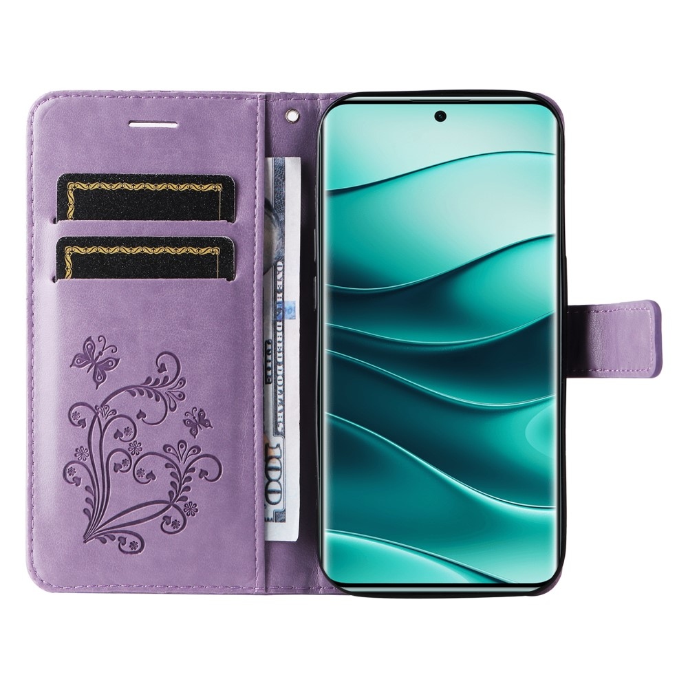 Nagy pillangó könyv tok a Xiaomi Redmi Note 14 Pro 5G/Poco X7 5G/Note 14 Pro+ 5G számára - lila