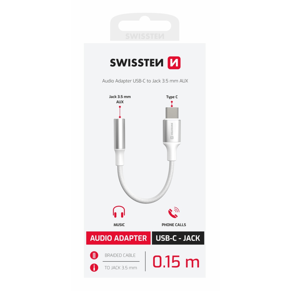 Audió reduktor Swissten textil USB-C/JACK (female) 0,15 m - fehér