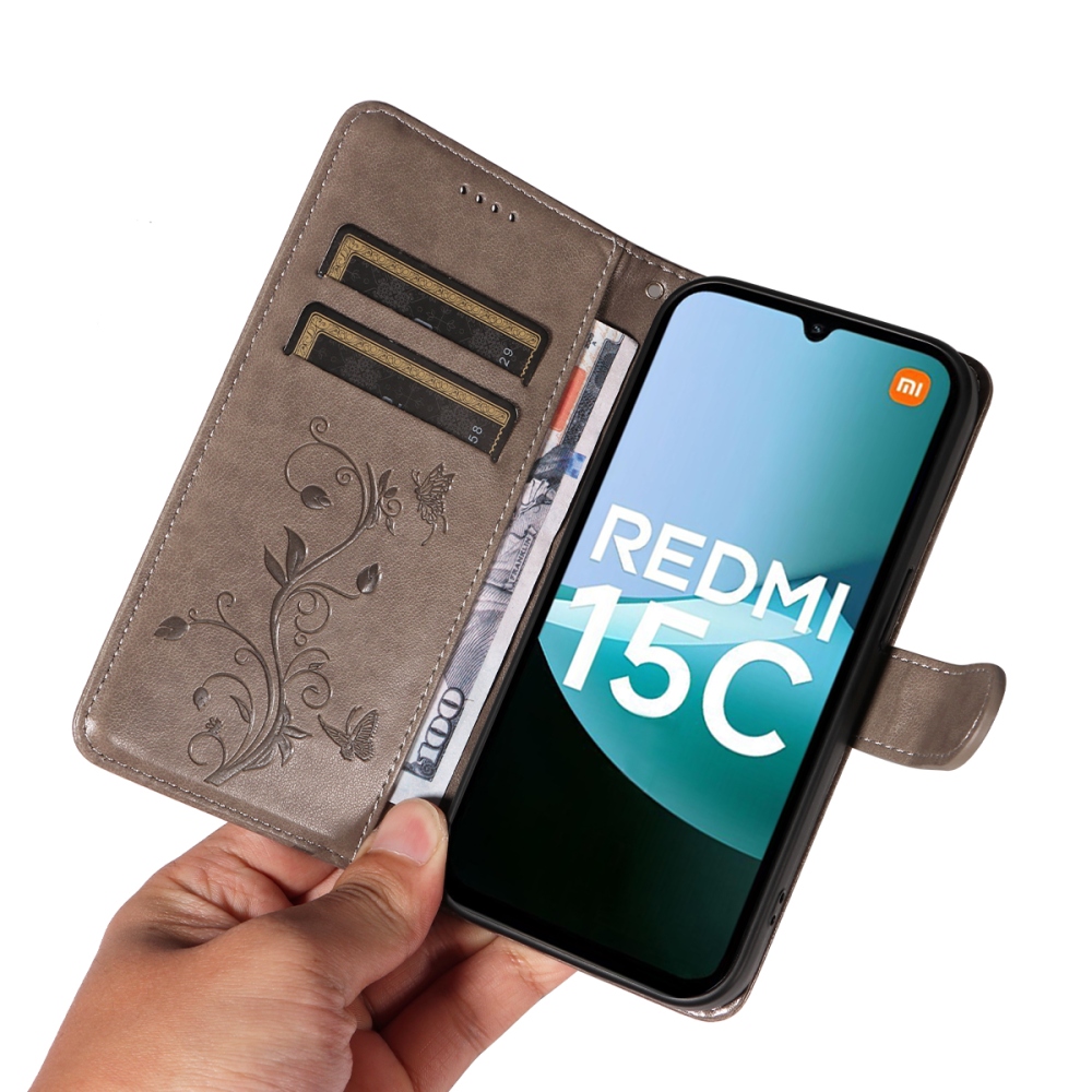 Virágok könyv tok Xiaomi Redmi 15C 4G/5G (173mm) - szürke