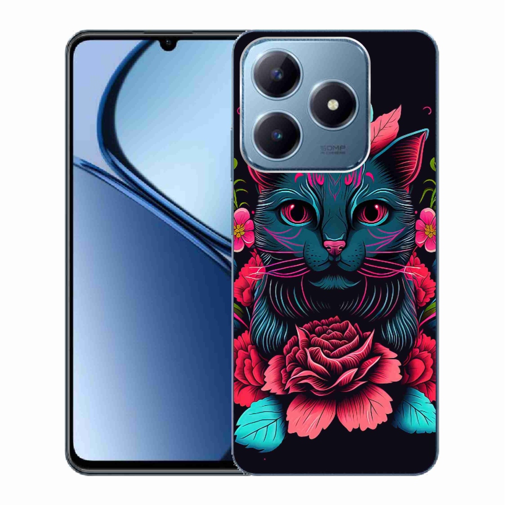 Gél borító mmCase a Realme C63 készülékhez - virágok és macska