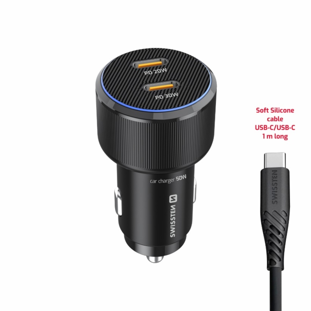 Swissten CL adapter 2x USB-C PD, 50W - fekete + USB-C / USB-C kábel, 1m