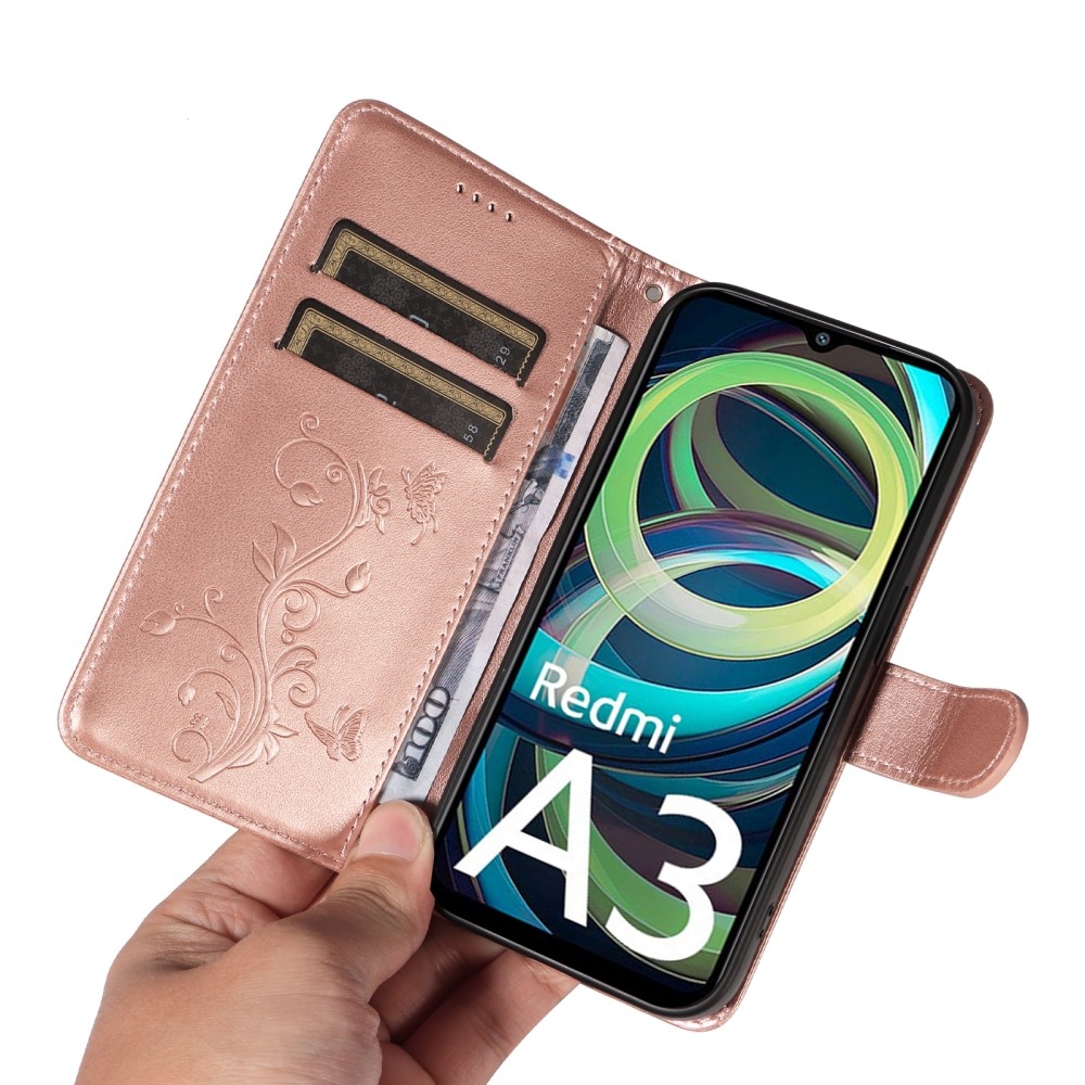 Virágok könyv tok Xiaomi Redmi A3-hoz - rózsaarany