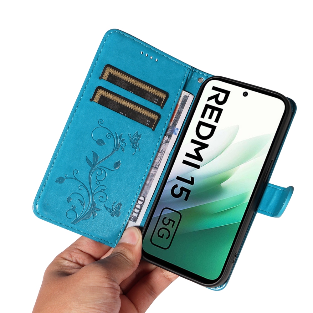 Virágok könyv tok Xiaomi Redmi 15 5G (169mm) - kék