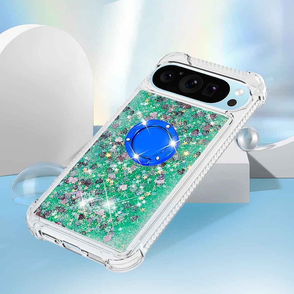 Glitt homokóra zselés tok ujjgyűrűvel a Google Pixel 10 számára - zöld/szív