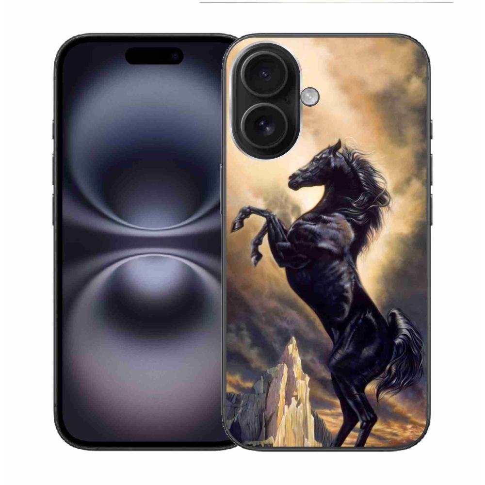 Zselés borítás mmCase iPhone 16 készülékhez - fekete rajzfilm ló