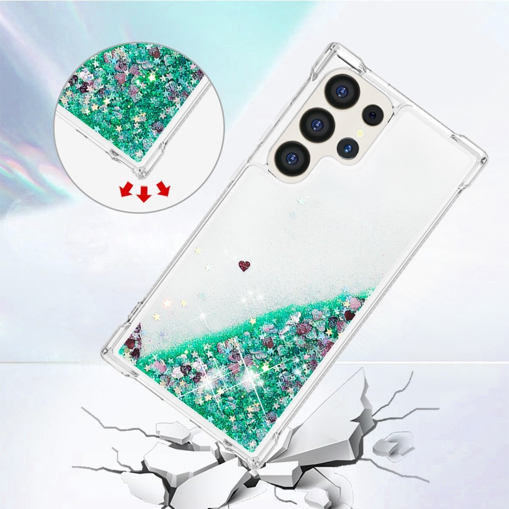 Glitter homokóra zselés tok Samsung Galaxy S24 Ultra készülékhez - zöld/szívek