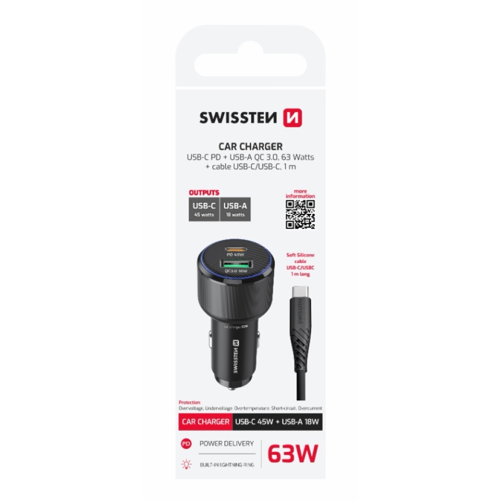 Swissten CL adapter USB-C PD + USB-A, 63W - fekete + USB-C / USB-C kábel, 1m