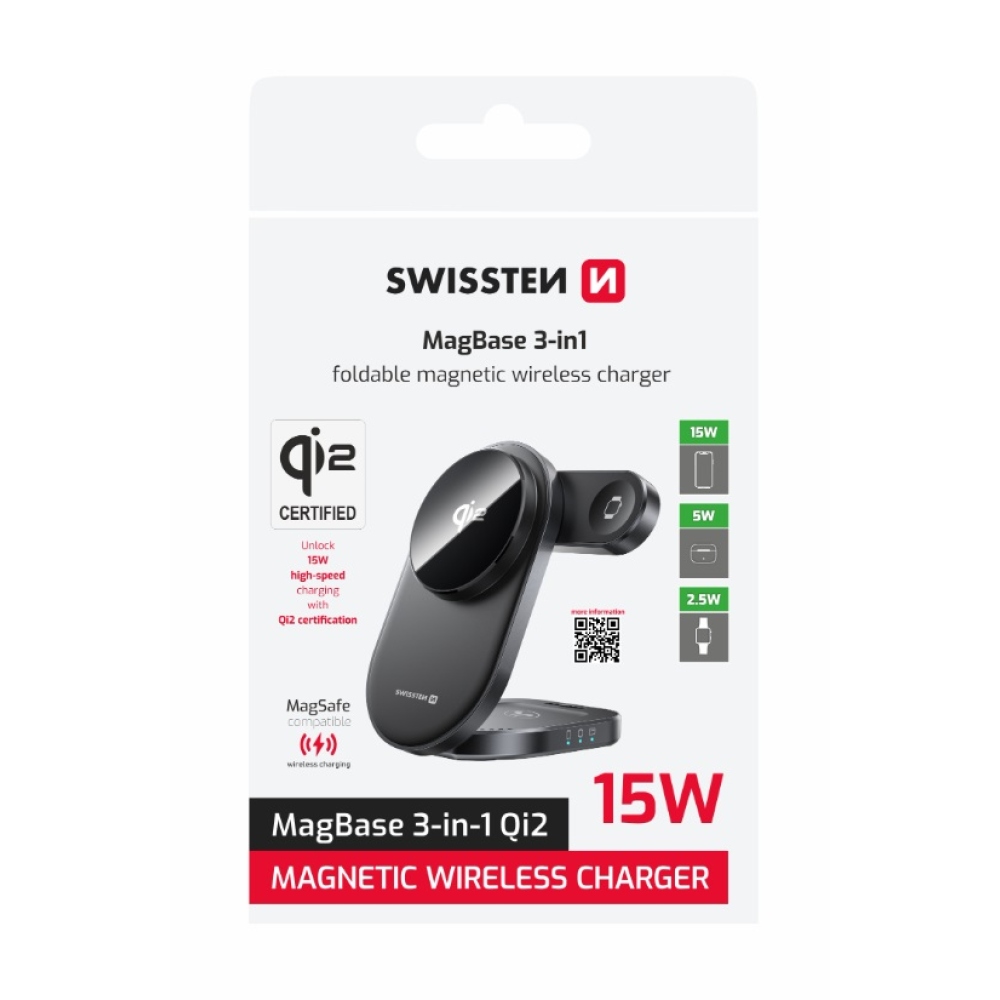 Swissten összecsukható vezeték nélküli Qi2 MagBase 3in1 töltő - fekete (MagSafe kompatibilis)