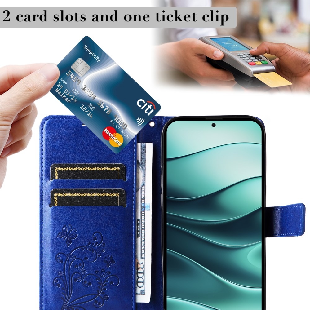 Nagy pillangó könyv tok a Xiaomi Redmi Note 14 5G-hez - kék