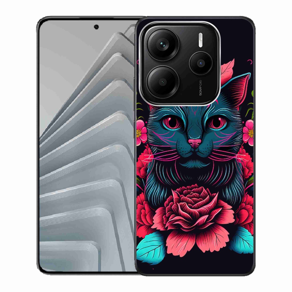 Gél borító mmCase a Xiaomi Redmi Note 14 5G számára - virágok és macska