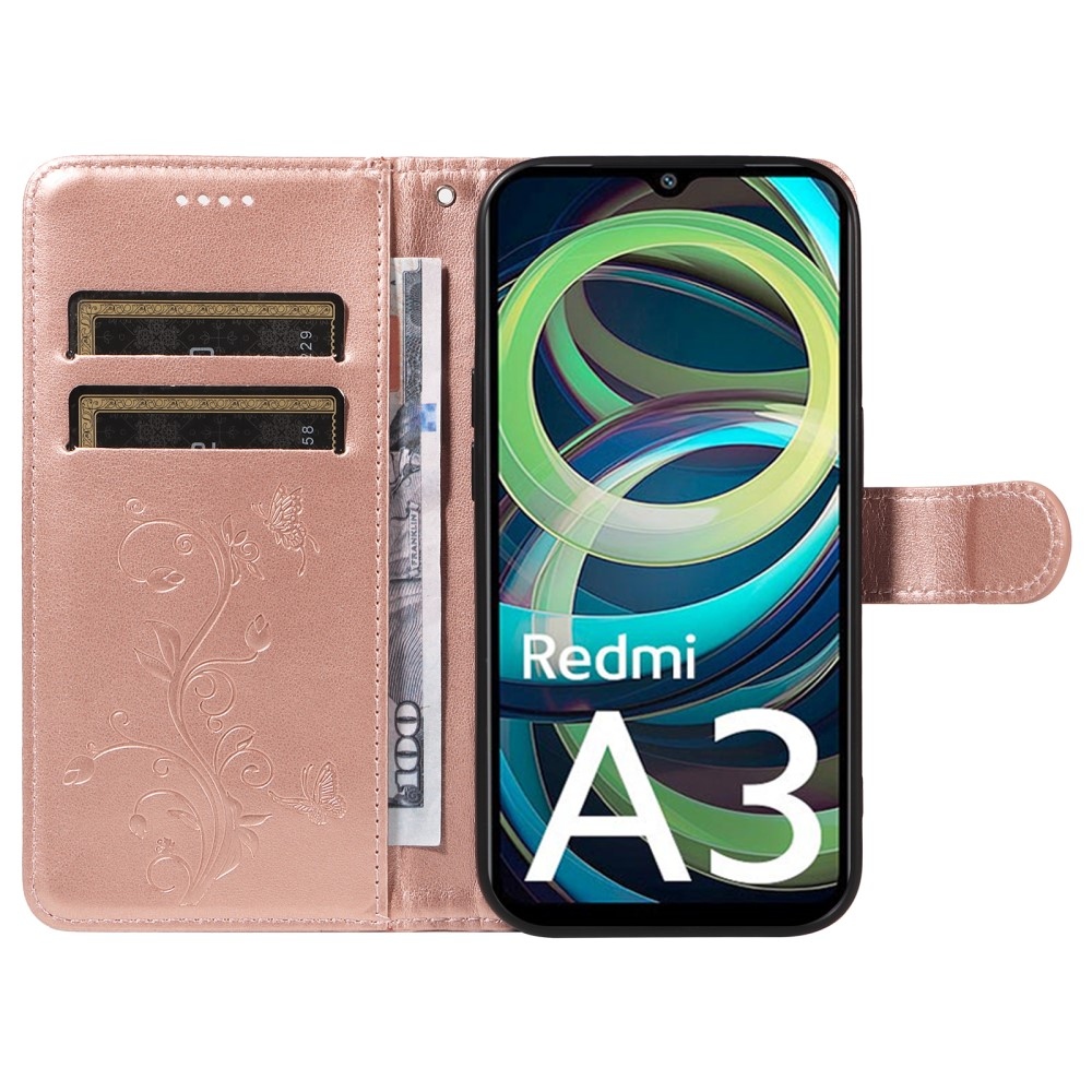 Virágok könyv tok Xiaomi Redmi A3-hoz - rózsaarany