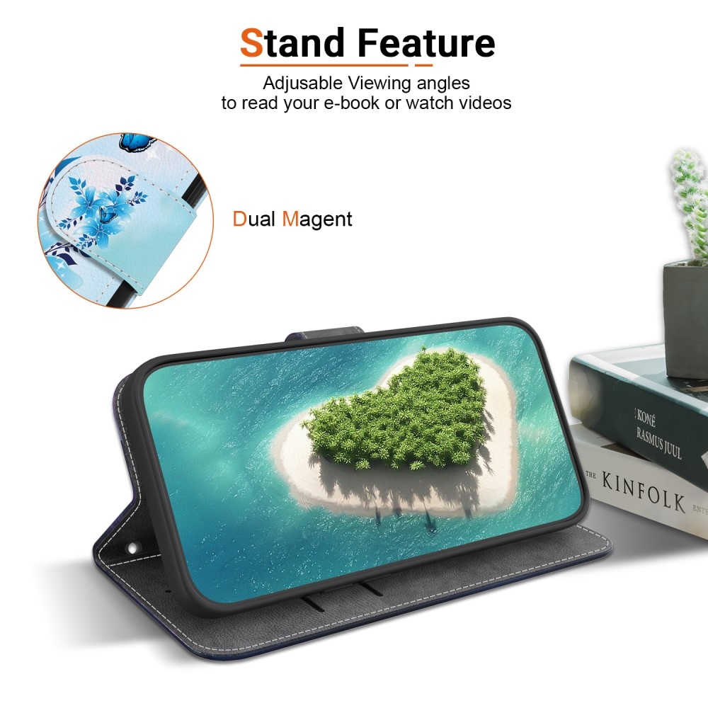 Sokoldalú könyvtáska Samsung Galaxy A36 5G/A56 5G - kék pillangókhoz