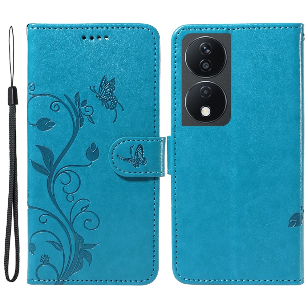 Virágok könyvtáska a Honor X7b/Honor 90 Smart készülékhez - kék