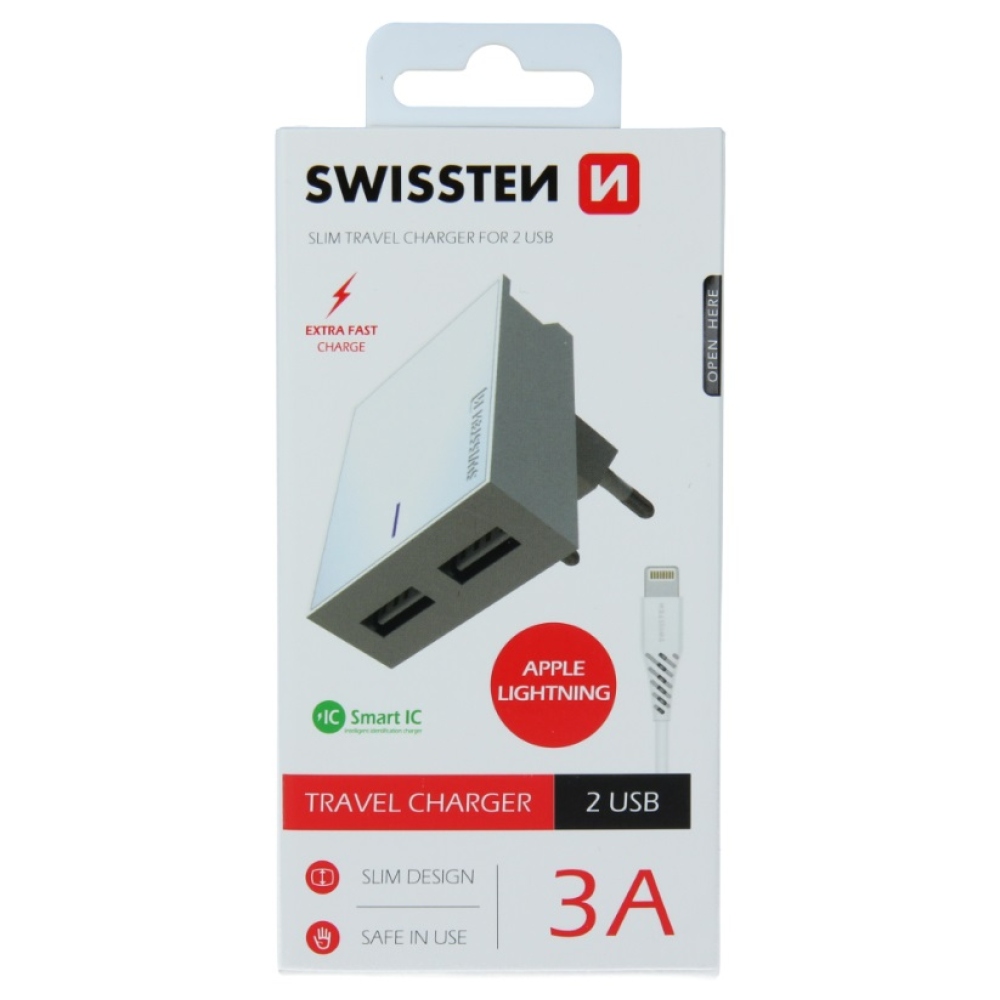 Swissten Smart IC töltő 2x USB 3A + USB/Lightning kábel 1.2m - fehér