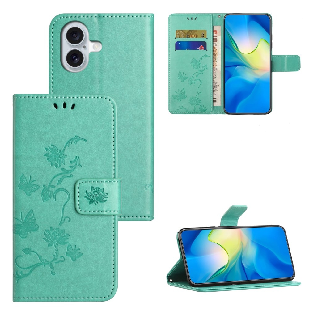 Virágos könyvtáska iPhone 16 Plus készülékhez - teal színű