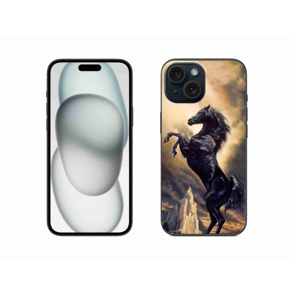 Zselés borítás mmCase iPhone 15 készülékhez - fekete rajzfilm ló