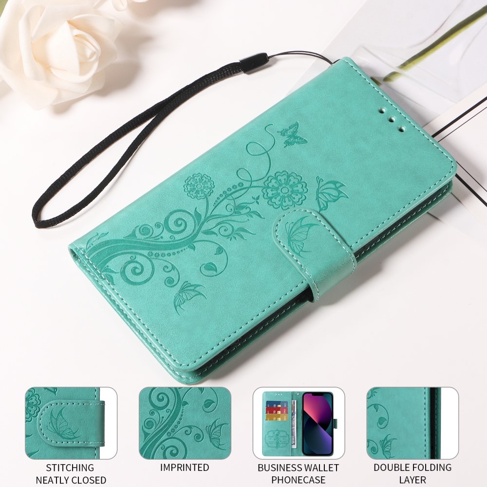 Virágos könyvtáska a Realme 14 5G készülékhez - teal színű