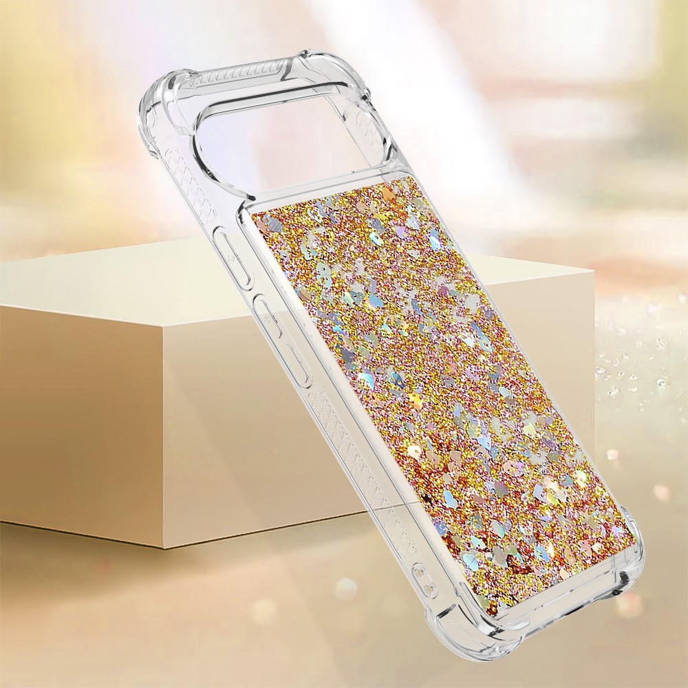 Csillogó homokóra zselés tok Google Pixel 10 Pro XL készülékhez - arany/szív