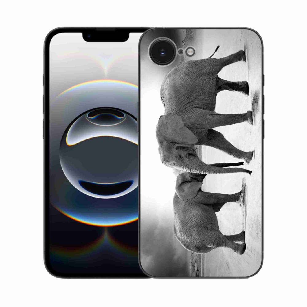 Gél borítás mmCase iPhone 16e készülékhez - fekete és fehér elefántok
