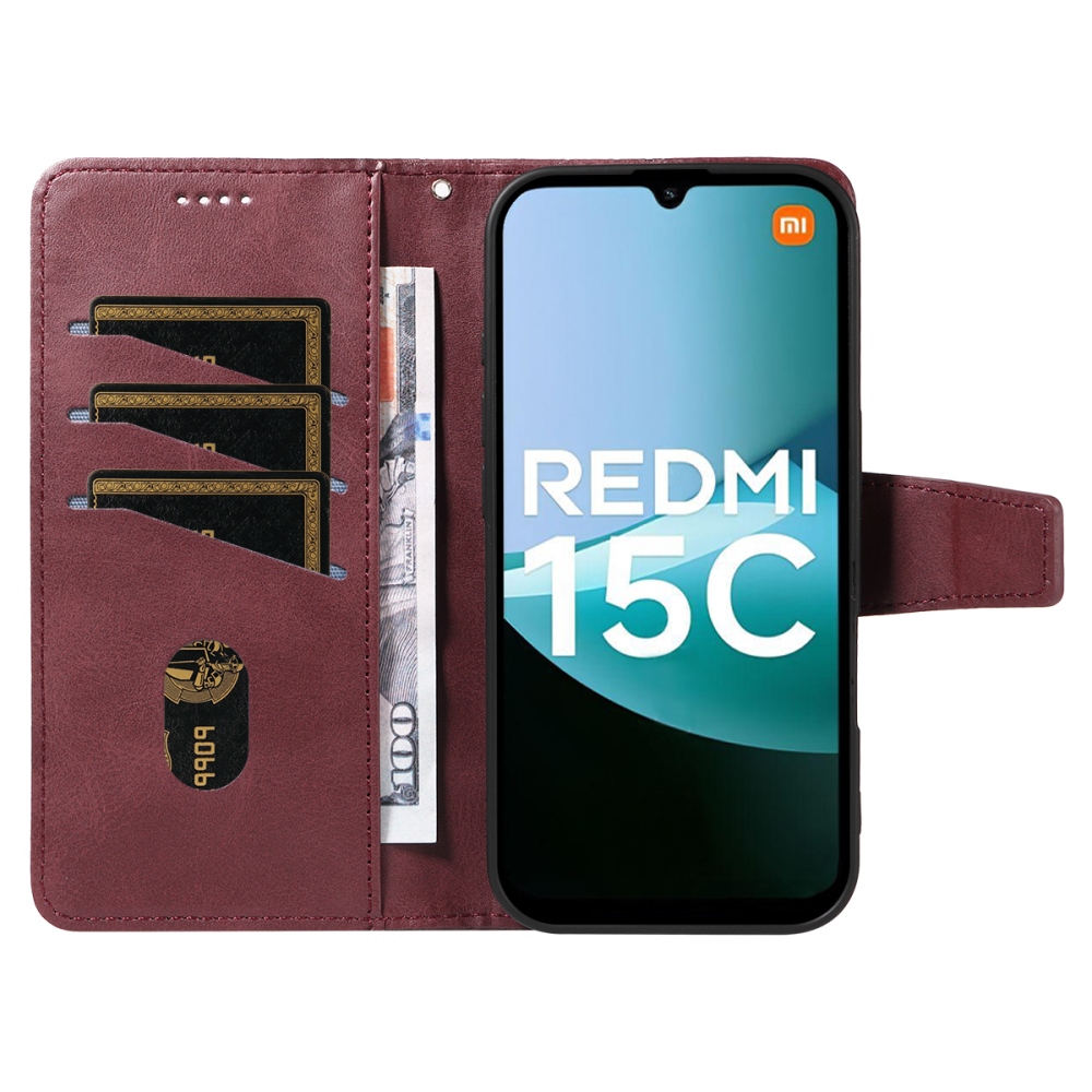 Rácsos könyv tok Xiaomi Redmi 15C 4G/5G (173mm) - bordó színű