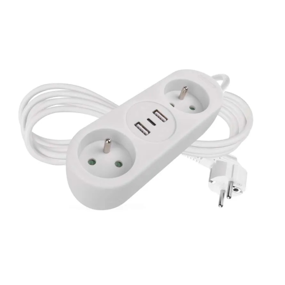 Hosszabbító kábel 1,4 m / 2 aljzat+2×USB-A+1×USB-C / fehér / PVC / 1,5 mm2