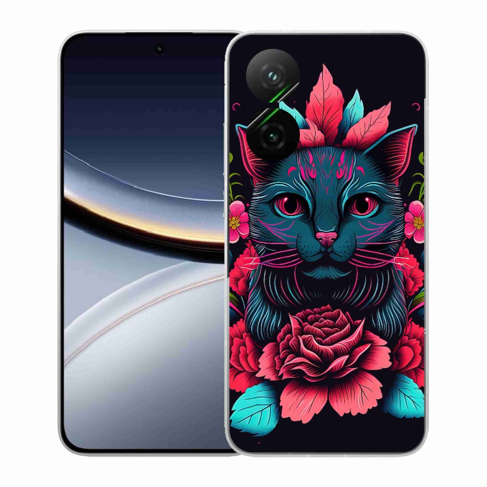 Gél borító mmCase a Xiaomi Poco F7 5G-hez - virágok és macska