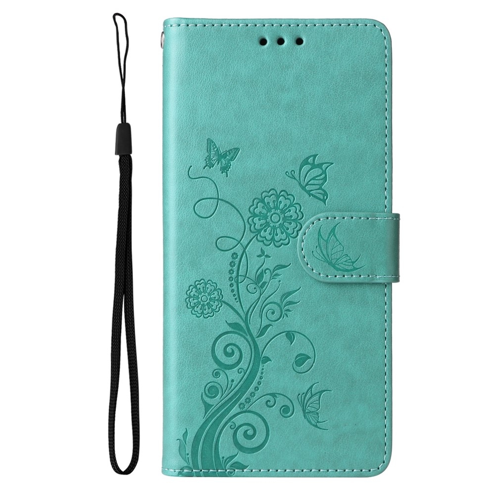 Virágos könyvtáska a Realme 14 Pro+ 5G készülékhez - teal színű