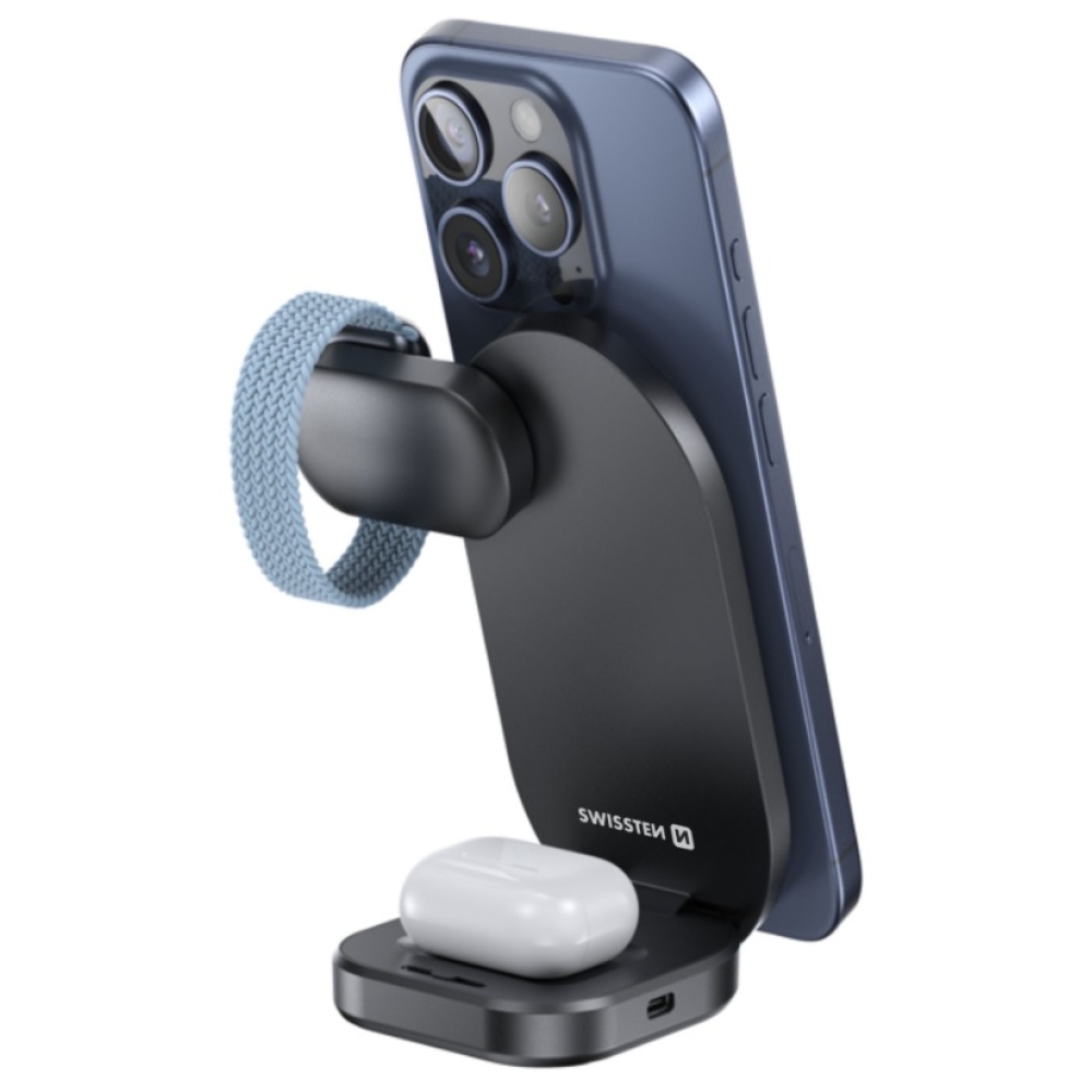 Swissten összecsukható vezeték nélküli Qi2 MagBase 3in1 töltő - fekete (MagSafe kompatibilis)