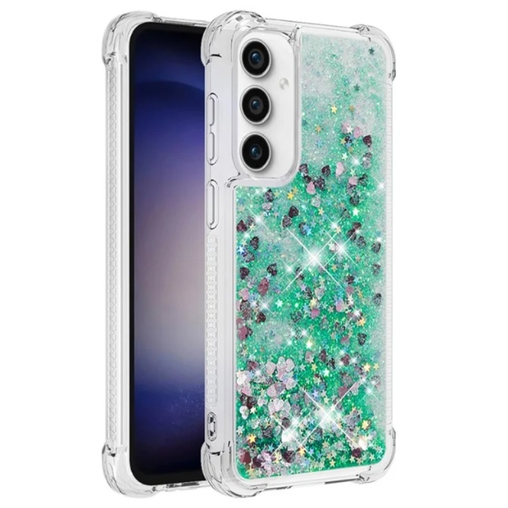 Glitter zselés homokóra hüvely Samsung Galaxy S23 FE készülékhez - zöld/szívek