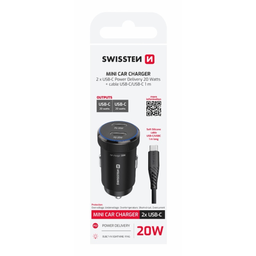 Swissten CL adapter 2x USB-C PD, 20W - fekete + USB-C / USB-C kábel, 1m