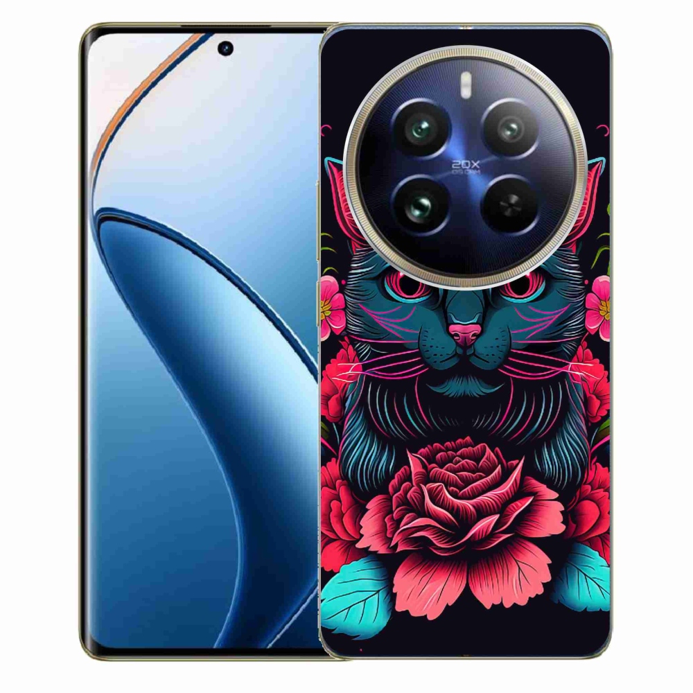 Gél borítás mmCase a Realme 12 Pro 5G/12 Pro+ 5G számára - virágok és macska