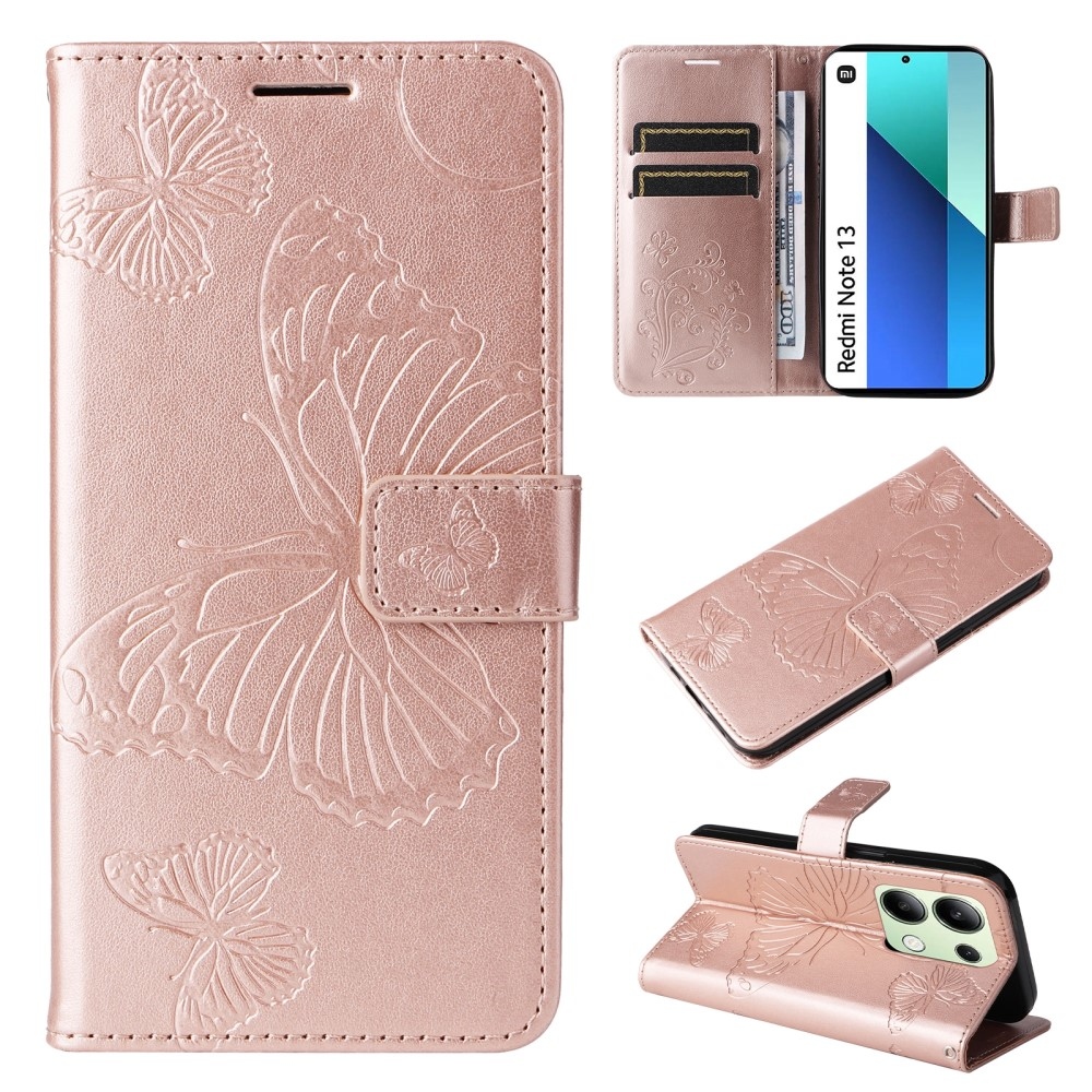 Nagy pillangó könyv tok a Xiaomi Redmi Note 13-hoz - rózsaarany színben