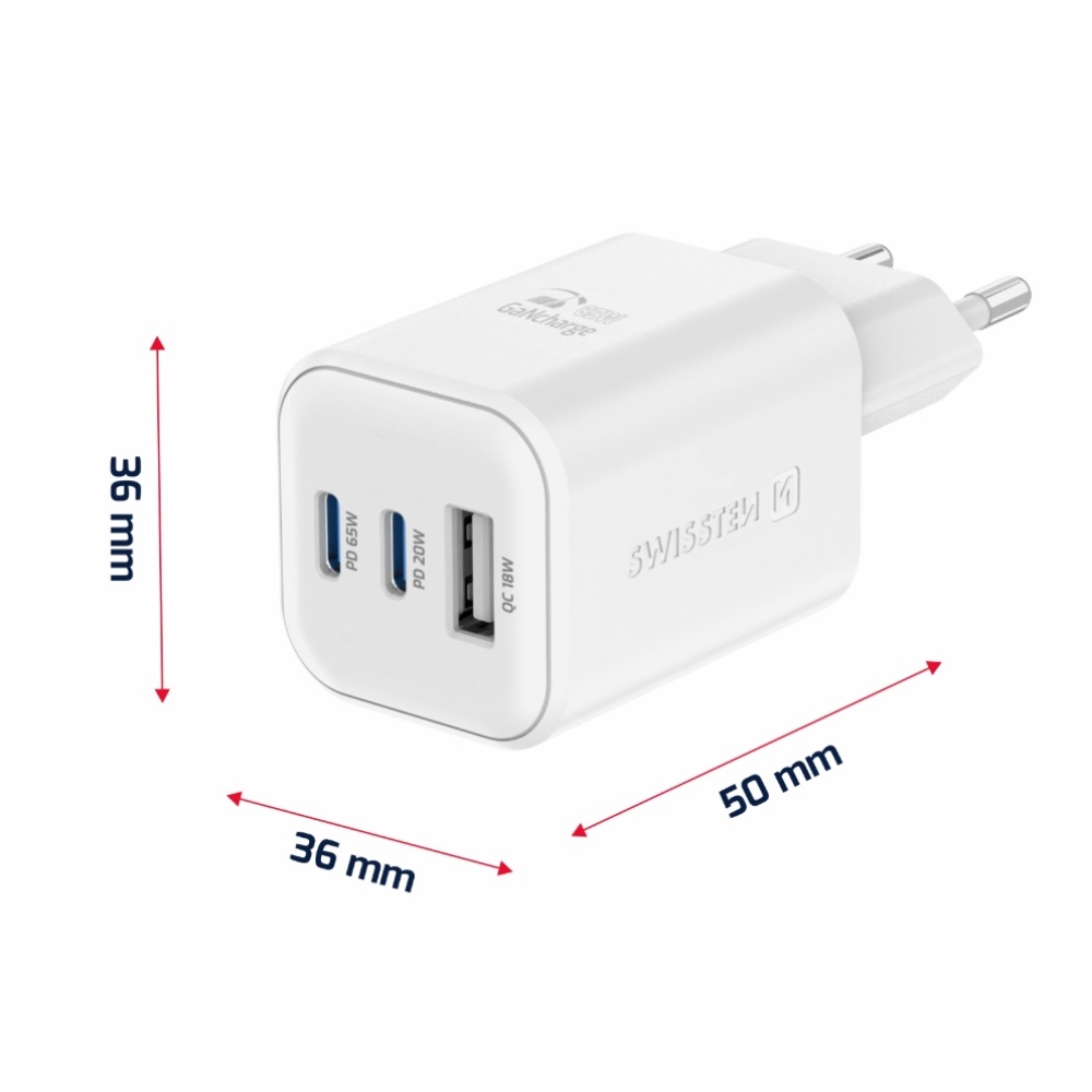 Swissten GaN töltő 2x USB-C 65W PD + 1x USB-A 18W QC - fehér