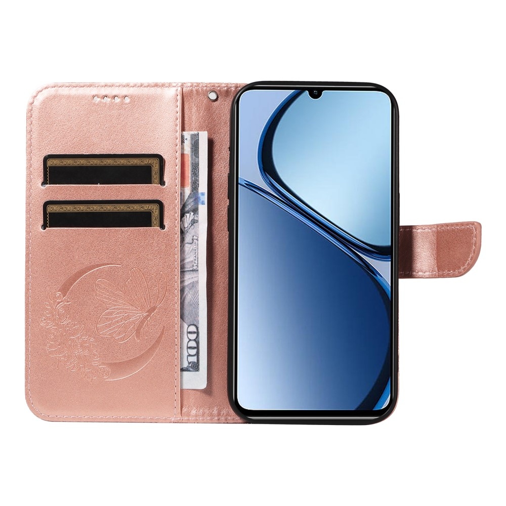 Virágos pillangó könyvtáska Realme C61/C63 készülékhez - rózsaarany