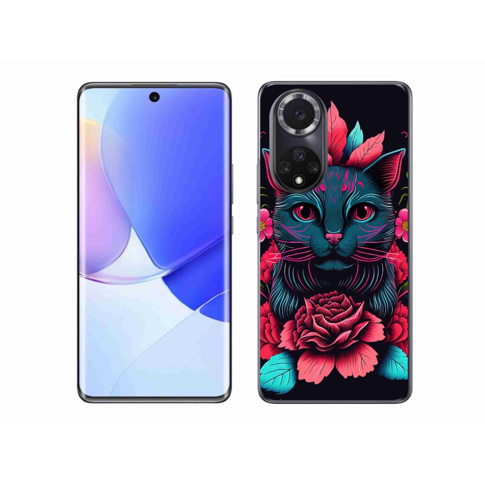 Gél borító mmCase a Huawei Nova 9-hez - virágok és macska