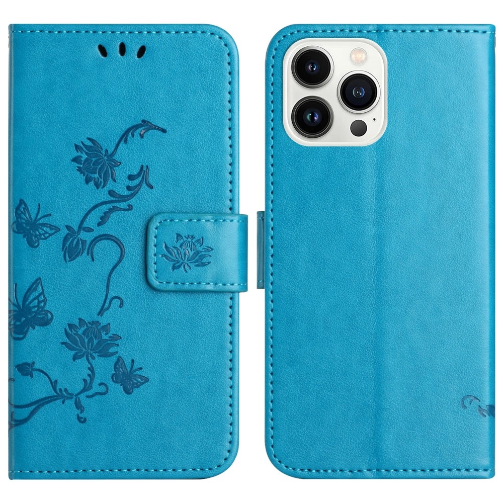 Virágos könyvtáska iPhone 16 Pro készülékhez - kék