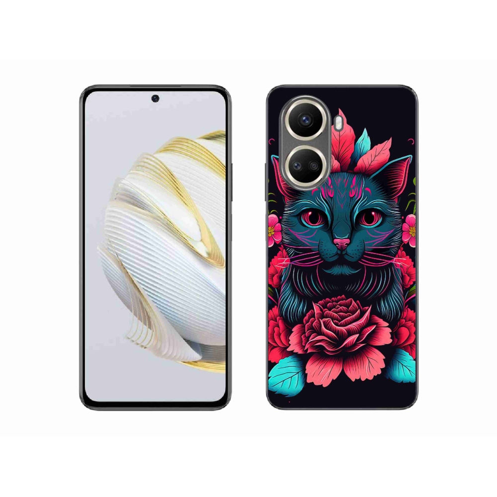 Gél borító mmCase a Huawei Nova 10 SE számára - virágok és macska
