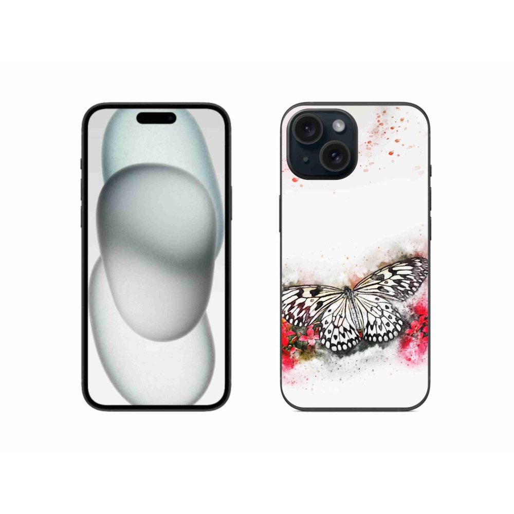 Zselés borítás mmCase iPhone 15 készülékhez - fekete-fehér pillangó