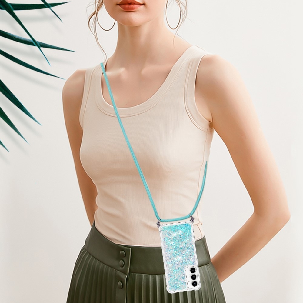 Csillogó homokóra zselés tok zsinórral Samsung Galaxy A36 5G-hez - kék/csillagok