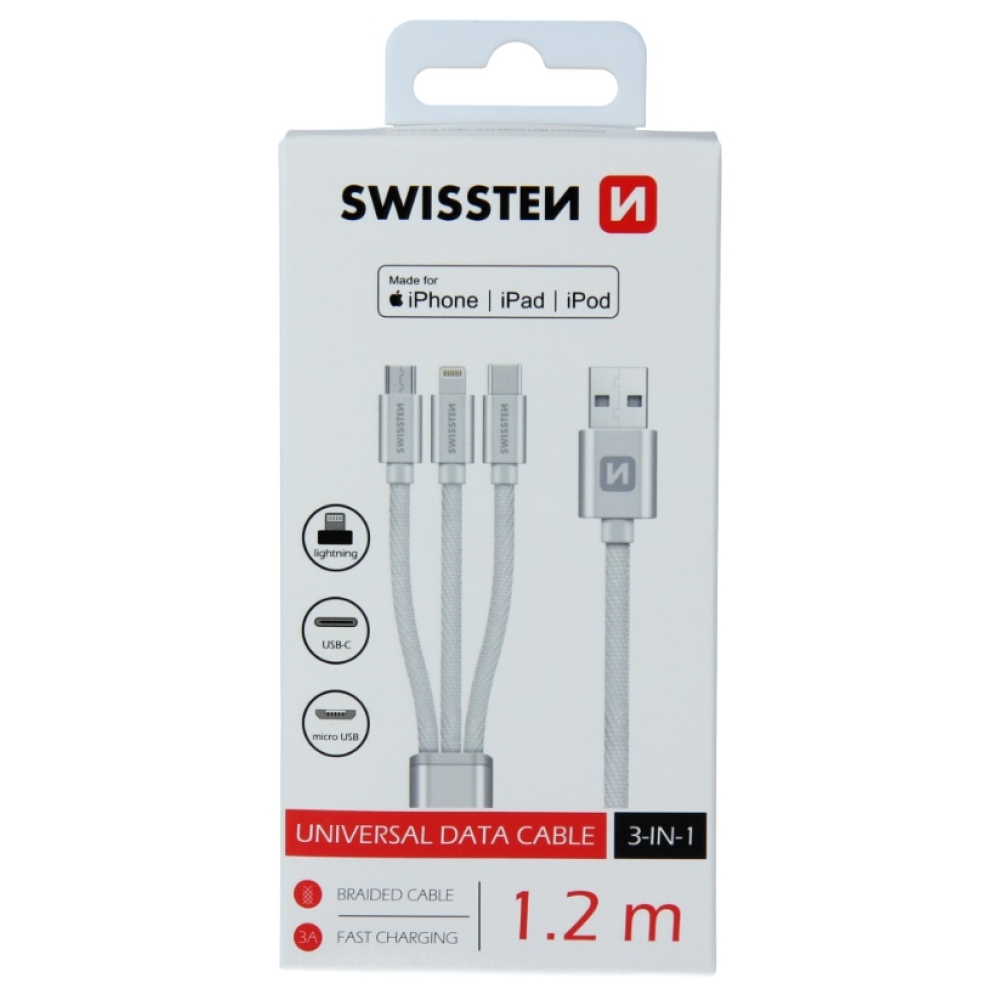 Swissten Woven kábel 3in1 MFI 1.2m (Lightning, USB-C, Micro USB) - Ezüst